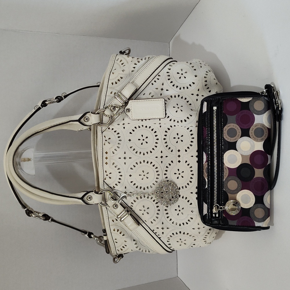 White Coach Handbag with Perforated Design and  Wristlet Wallet